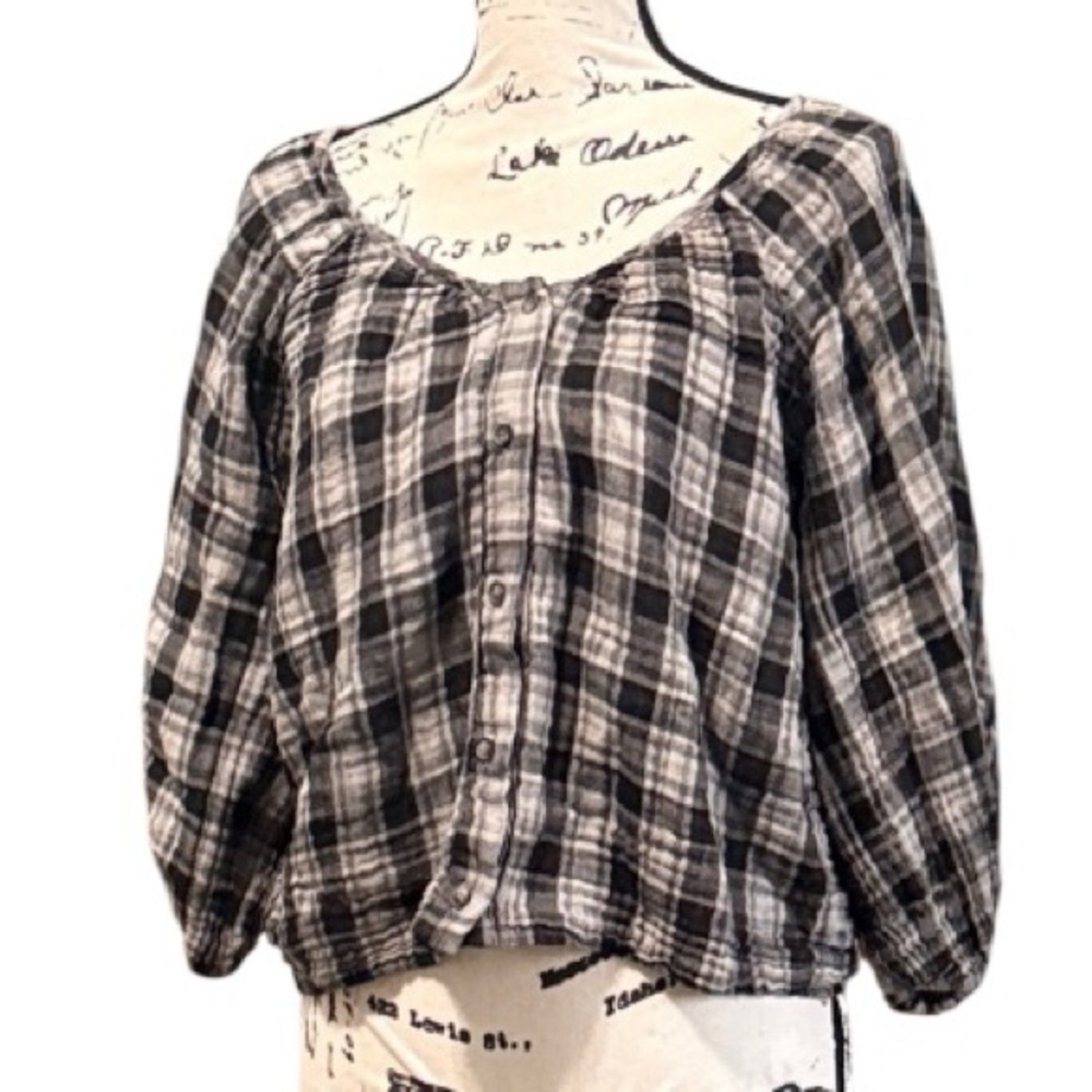 Sam & Lavi Black & Gray Plaid Button-Front Gauze Cropped Summer Peasant Top S